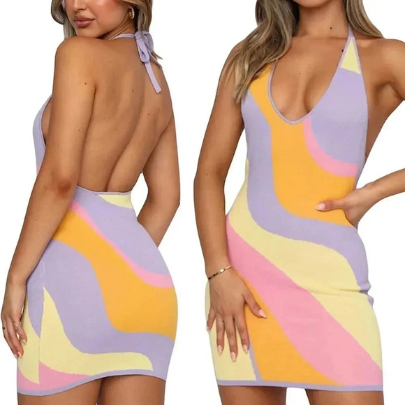 NWOT Y2K Multicolor Mini Knit Dress Small Halter V-Neck Groovy 80s Disco Wacky - Picture 1 of 5